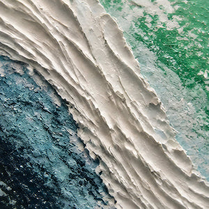 Close-up of layered navy, ivory, and sea green palette-knife wave texture.