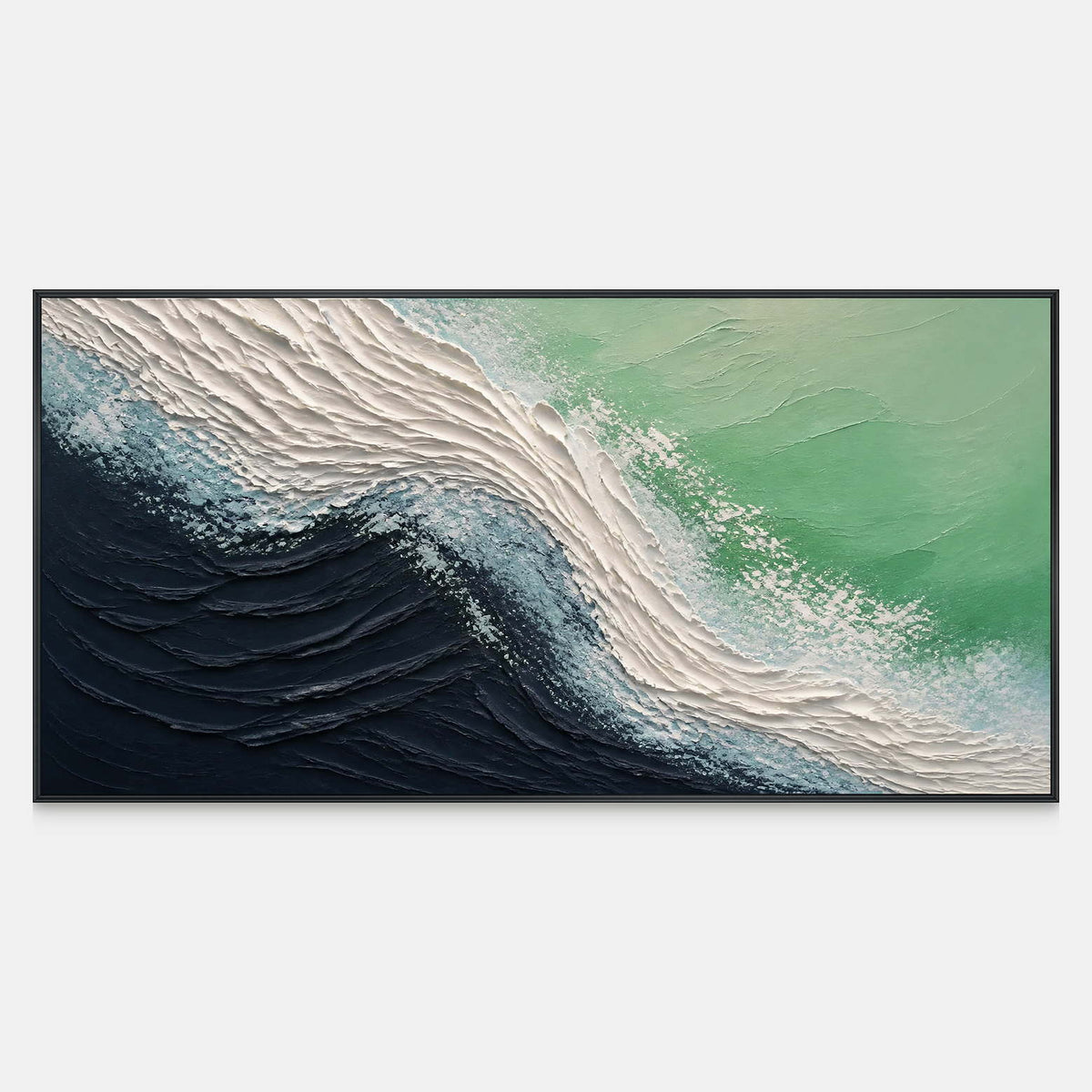 Hand-painted panoramic coastal wall art with a navy wave, sea green water, and ivory foam.