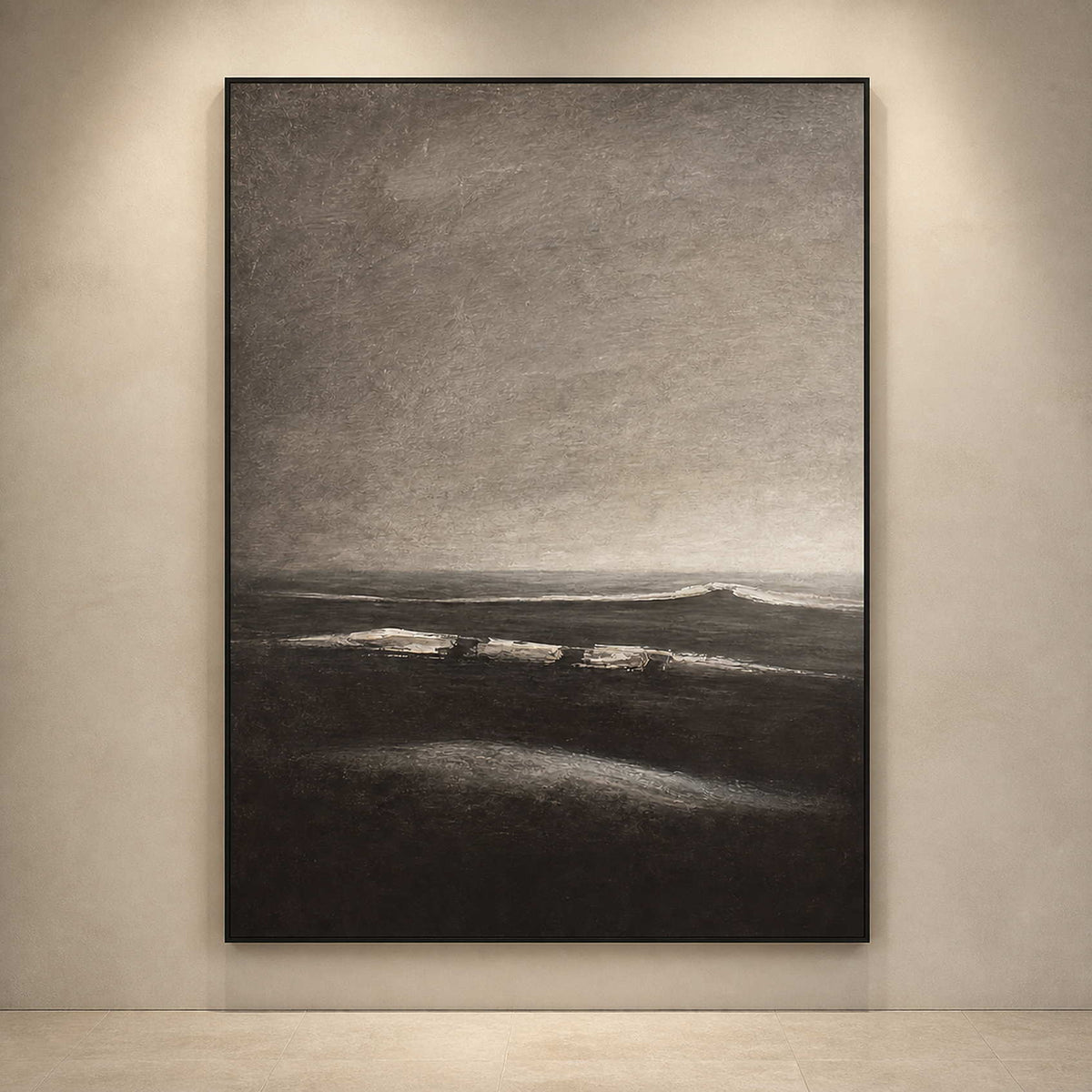 Textured vertical seascape displayed close-up in a contemporary gallery.