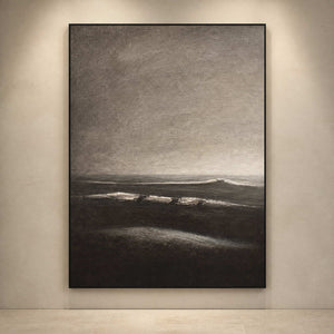 Textured vertical seascape displayed close-up in a contemporary gallery.