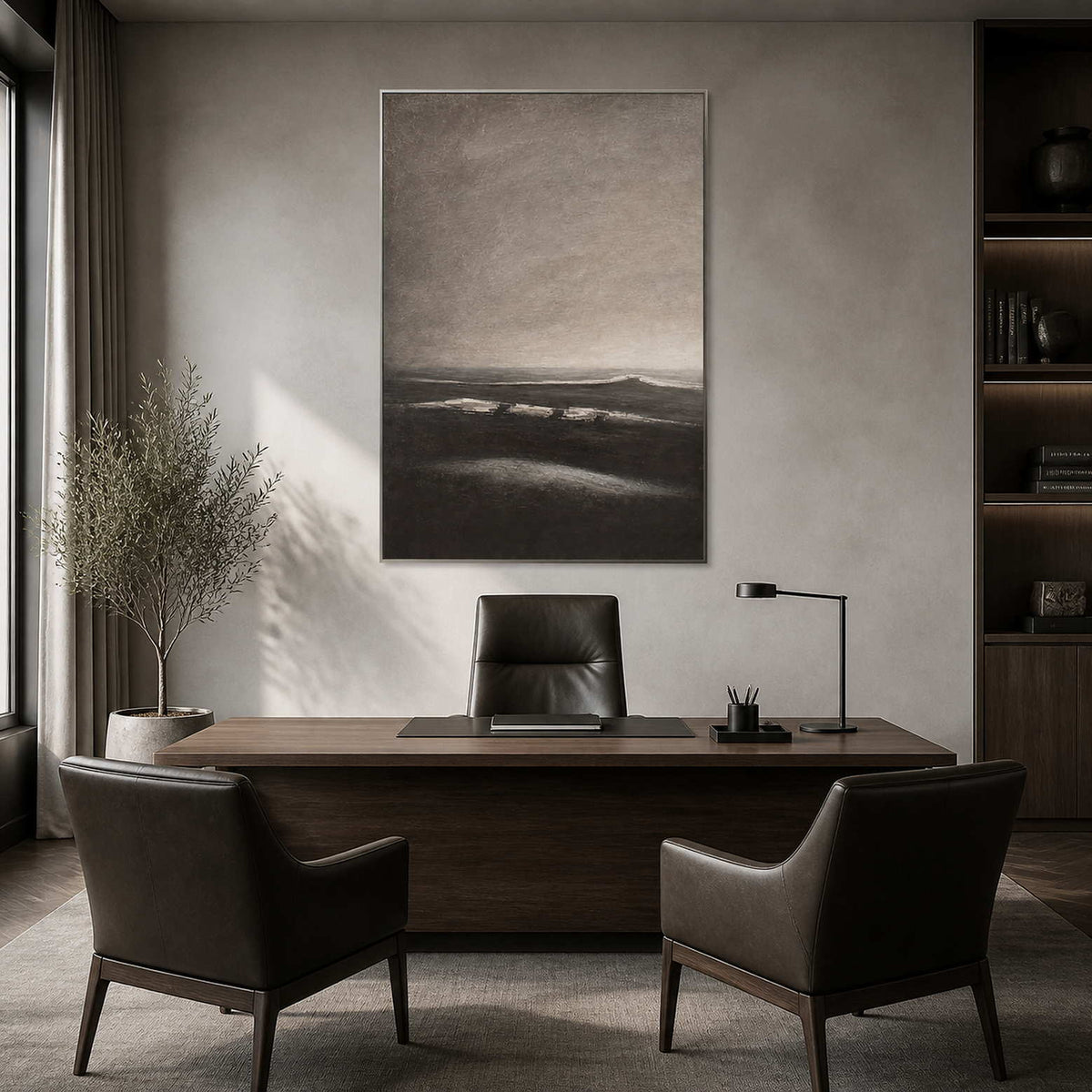 Minimalist black coastal wall art displayed in a refined executive office.