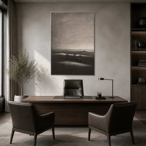 Minimalist black coastal wall art displayed in a refined executive office.