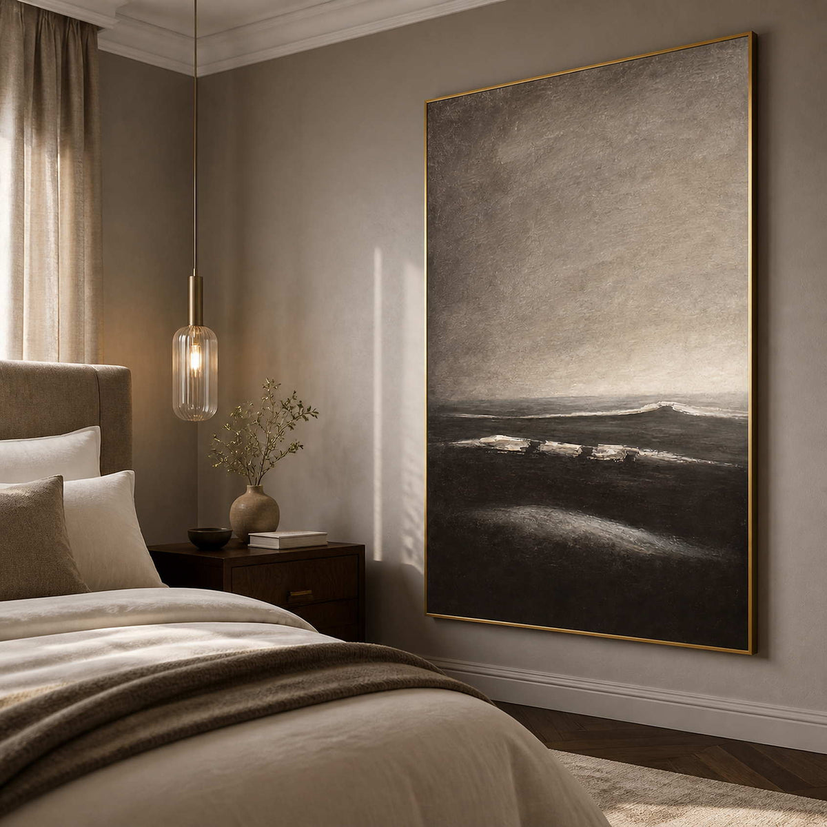 Neutral coastal artwork displayed in a luxury primary bedroom.