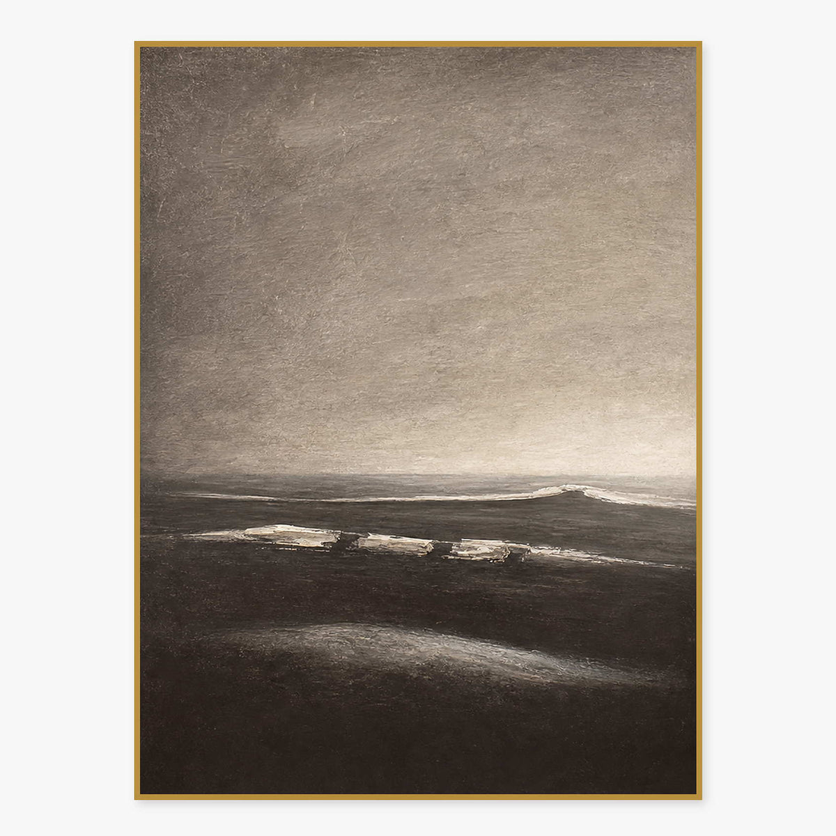 Charcoal shoreline and ivory tide lines beneath a softly textured gray sky.