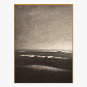 Charcoal shoreline and ivory tide lines beneath a softly textured gray sky.