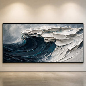Sculptural ocean wall art viewed close-up in a contemporary gallery.