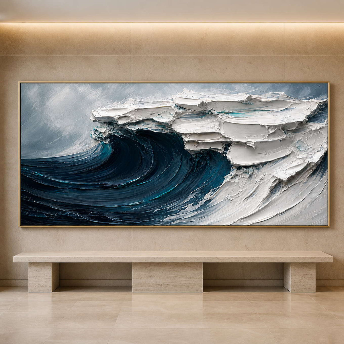 Sculptural blue wave artwork displayed in a boutique hotel lobby.