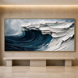 Sculptural blue wave artwork displayed in a boutique hotel lobby.