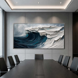 Blue and white ocean wall art displayed in an executive conference room.