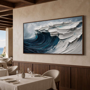 Panoramic textured wave painting displayed in a fine dining room.