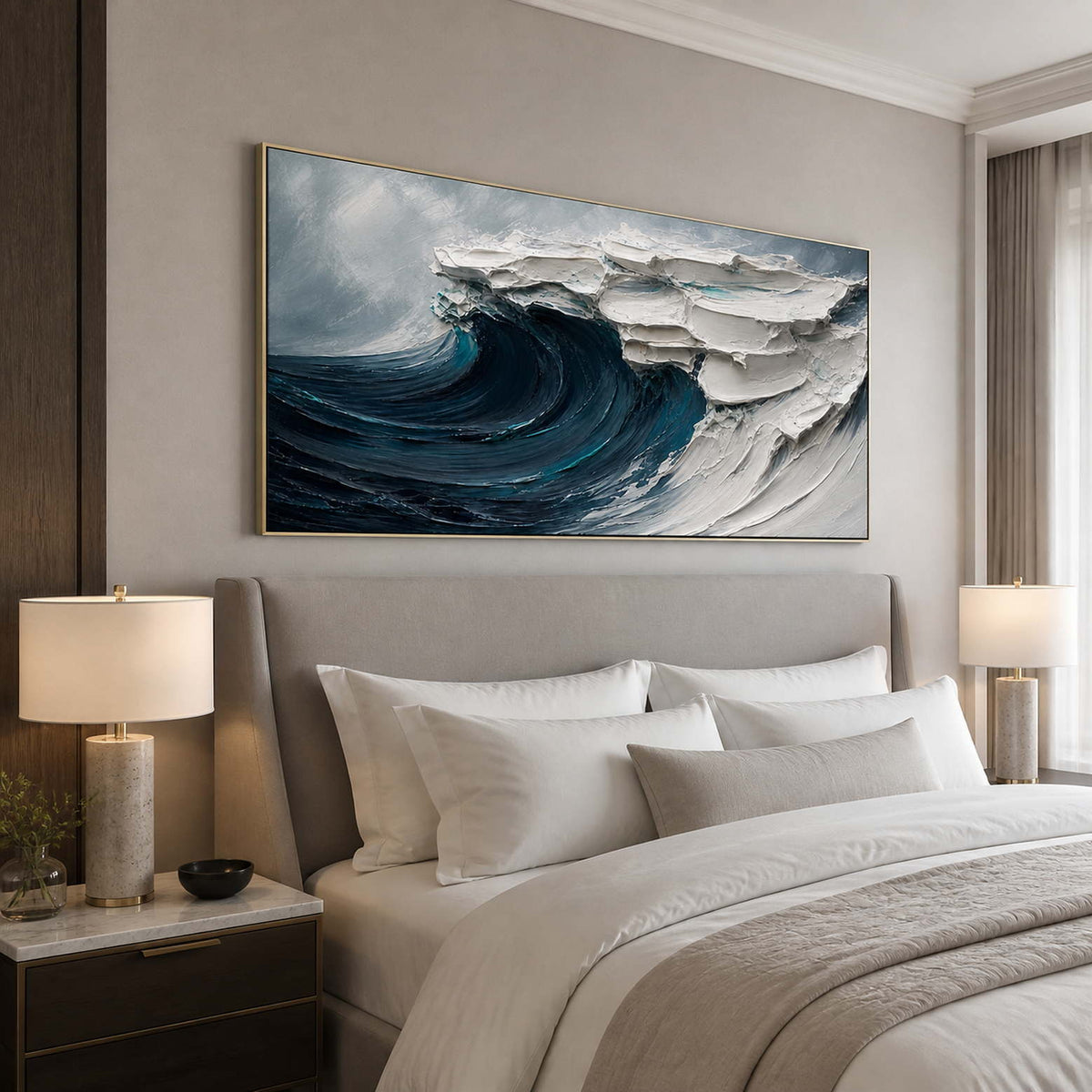 Bold blue ocean wave art displayed in a contemporary luxury bedroom.