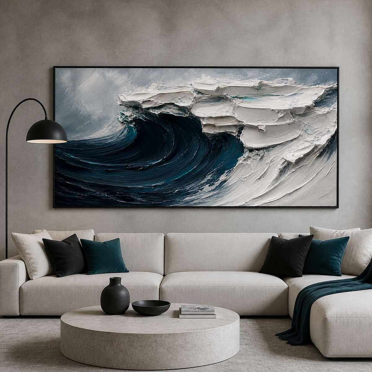 Dramatic textured ocean wall art displayed in a minimalist living room.