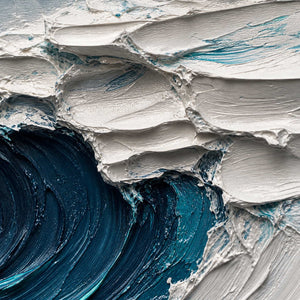 Close-up of thick white foam and deep teal palette-knife texture.