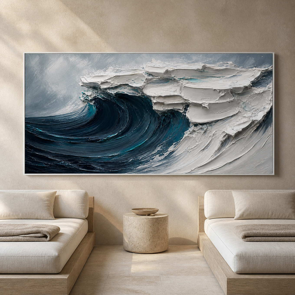 Deep teal coastal artwork displayed in a serene seaside spa lounge.