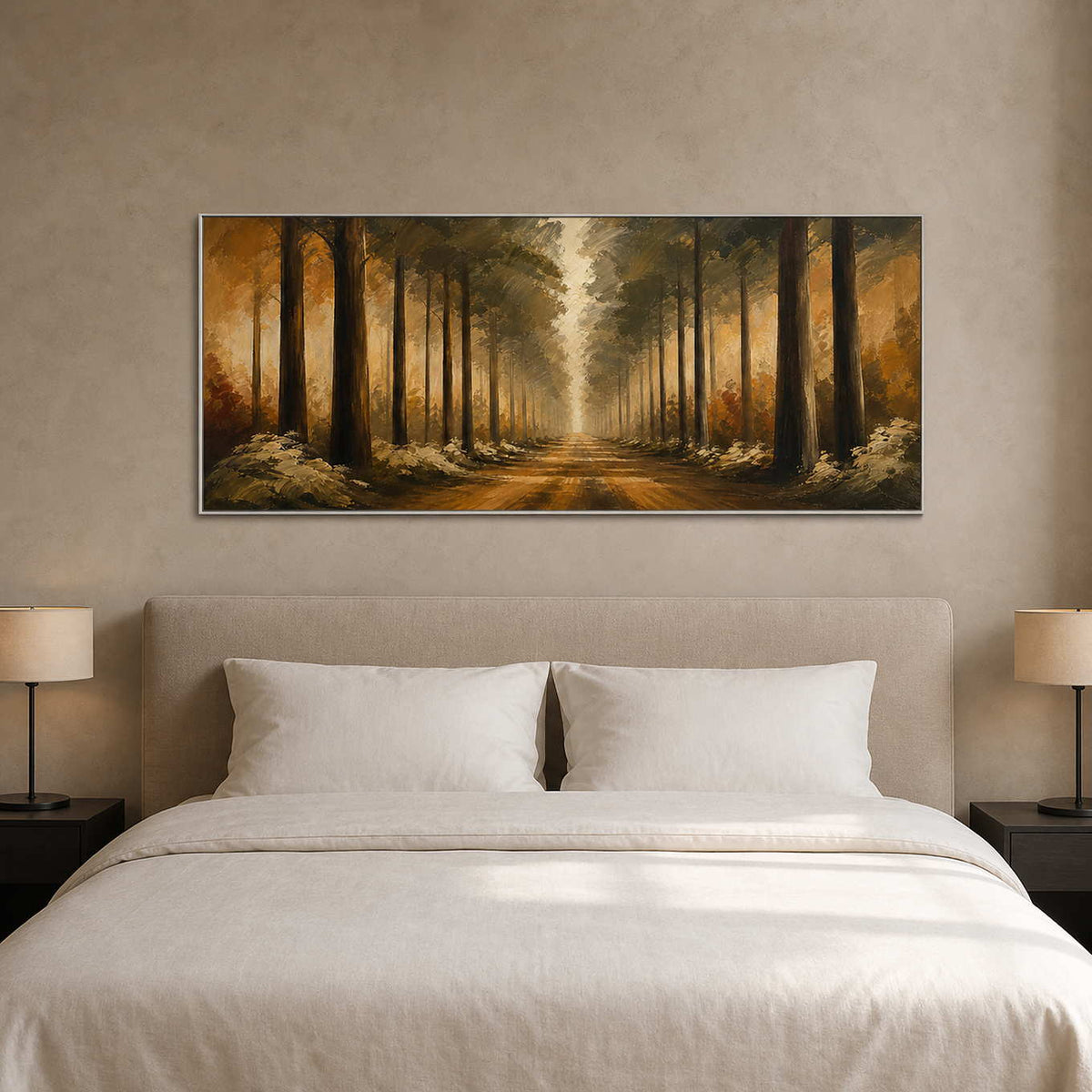 Warm forest landscape wall art above a serene ivory bedroom.