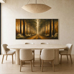 Panoramic forest painting displayed in a bright modern dining room.