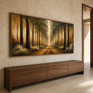 Textured forest wall art above a walnut entryway console.