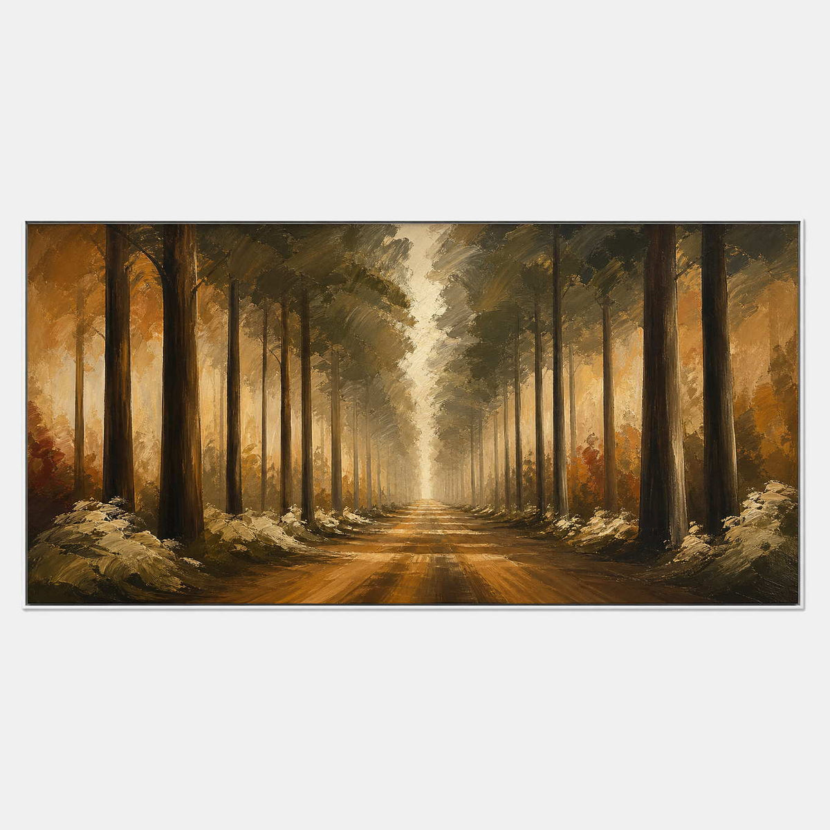 Hand-painted woodland path in olive green, amber, and earth tones.