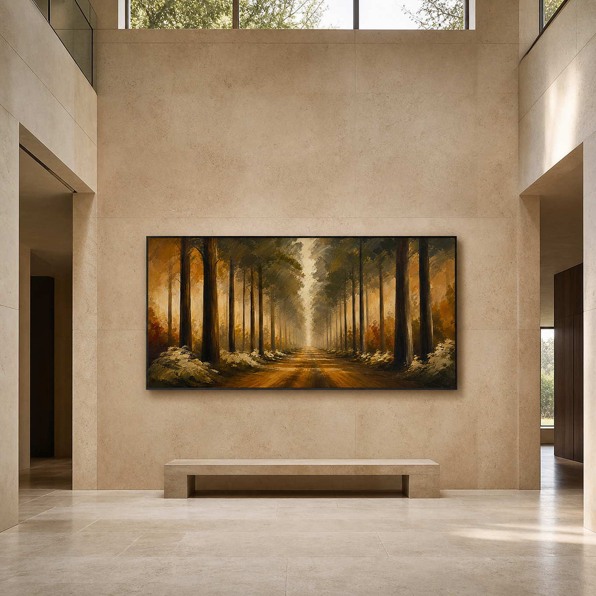 Large panoramic forest painting in a double-height modern foyer.