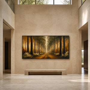 Large panoramic forest painting in a double-height modern foyer.