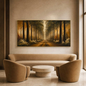 Golden forest landscape wall art in a boutique hotel lounge.