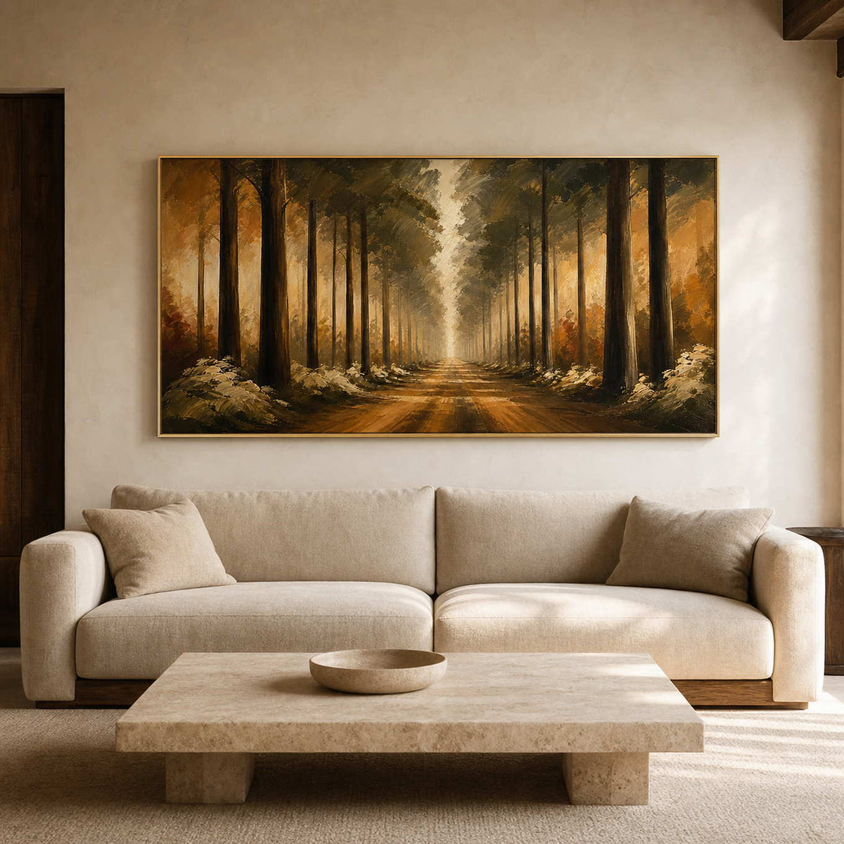 Golden forest landscape wall art above a warm neutral living room.