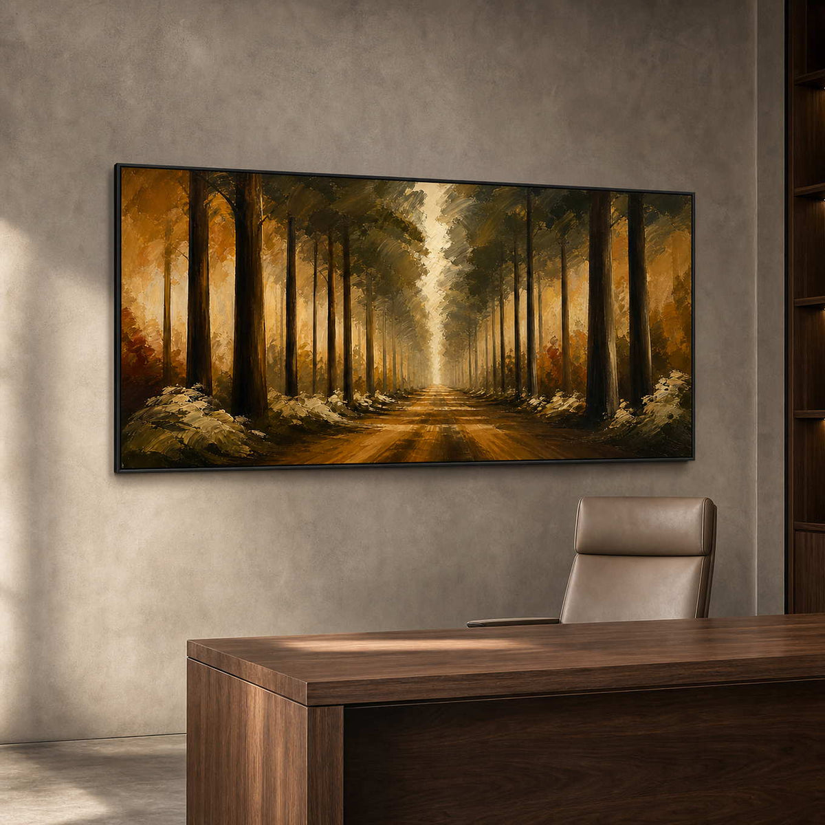 Amber woodland path artwork in a refined executive office.