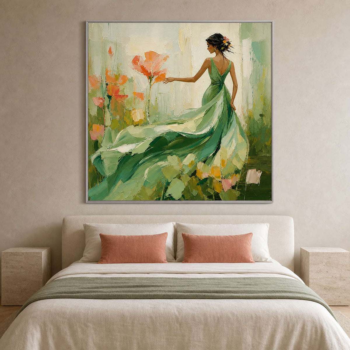 Graceful woman and flowers painting styled above a serene neutral bedroom.