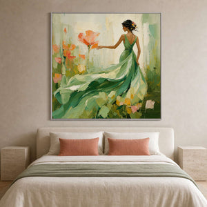 Graceful woman and flowers painting styled above a serene neutral bedroom.