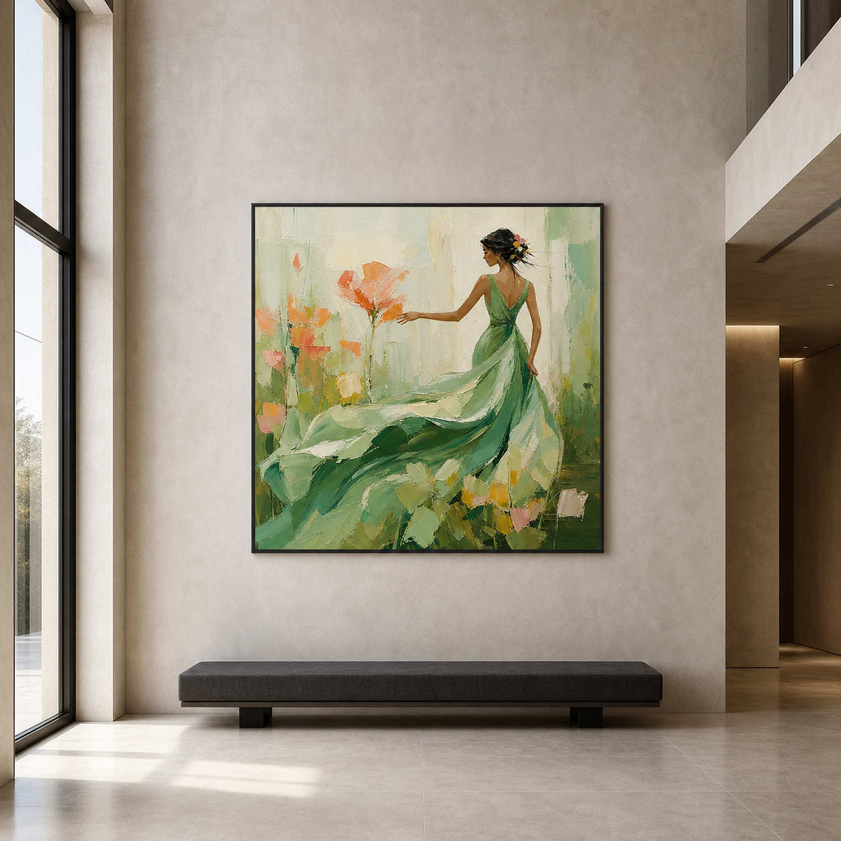 Green and coral figurative painting displayed in a tall modern foyer.