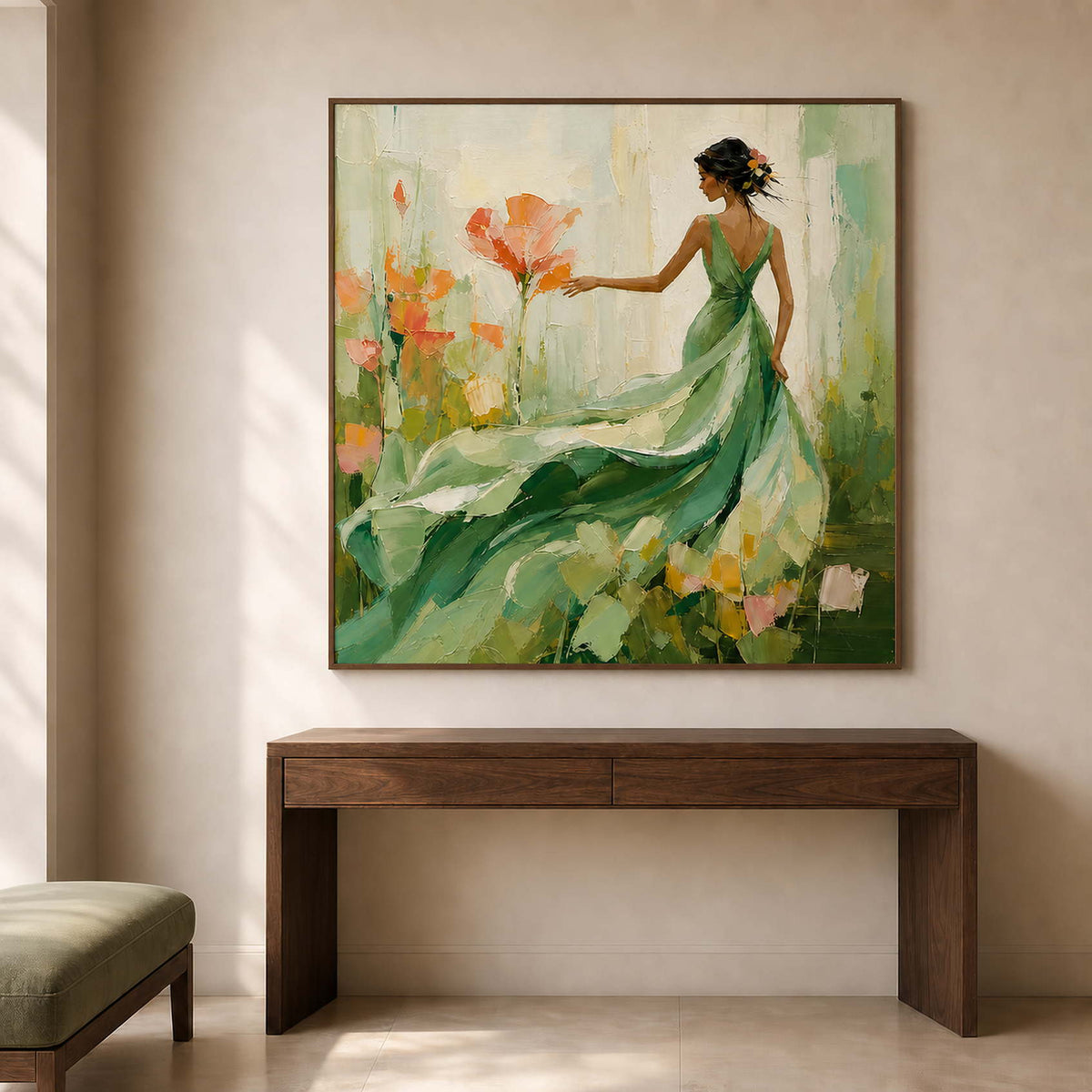Square floral portrait wall art above a warm wood entryway console.