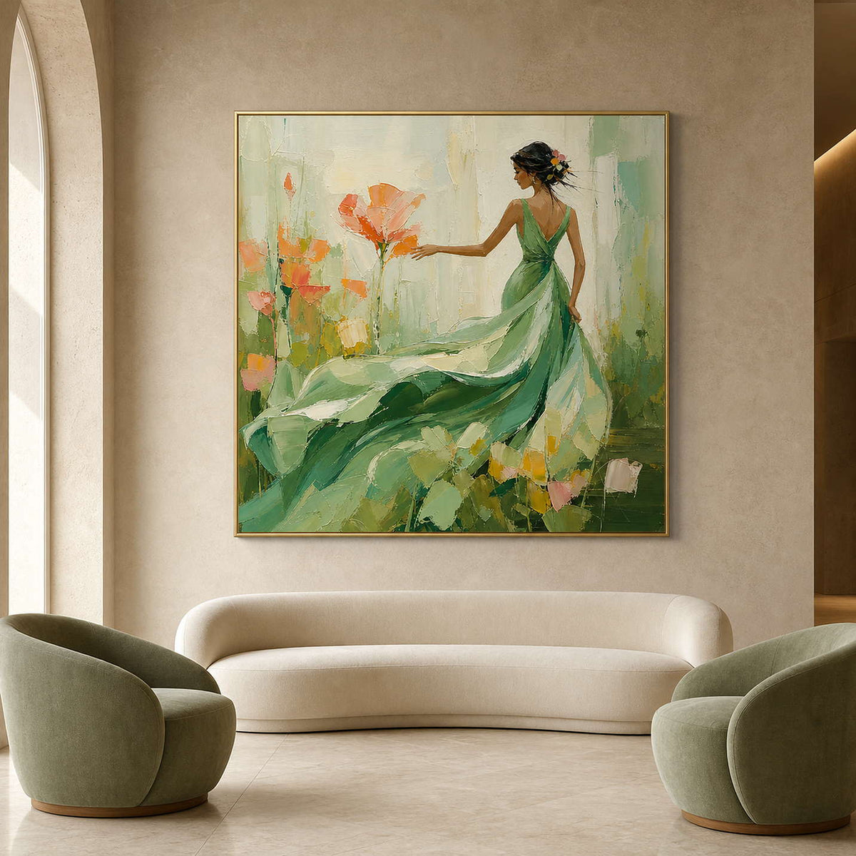 Textured woman and garden wall art in a refined hotel lounge.