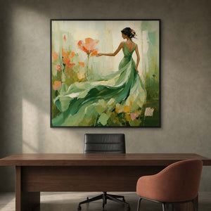 Textured green figurative artwork bringing elegant color to a modern office.