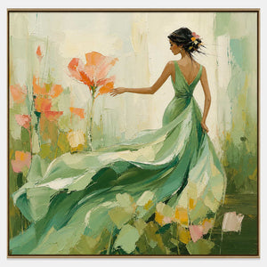 Hand-painted woman in an emerald gown reaching toward coral garden flowers.