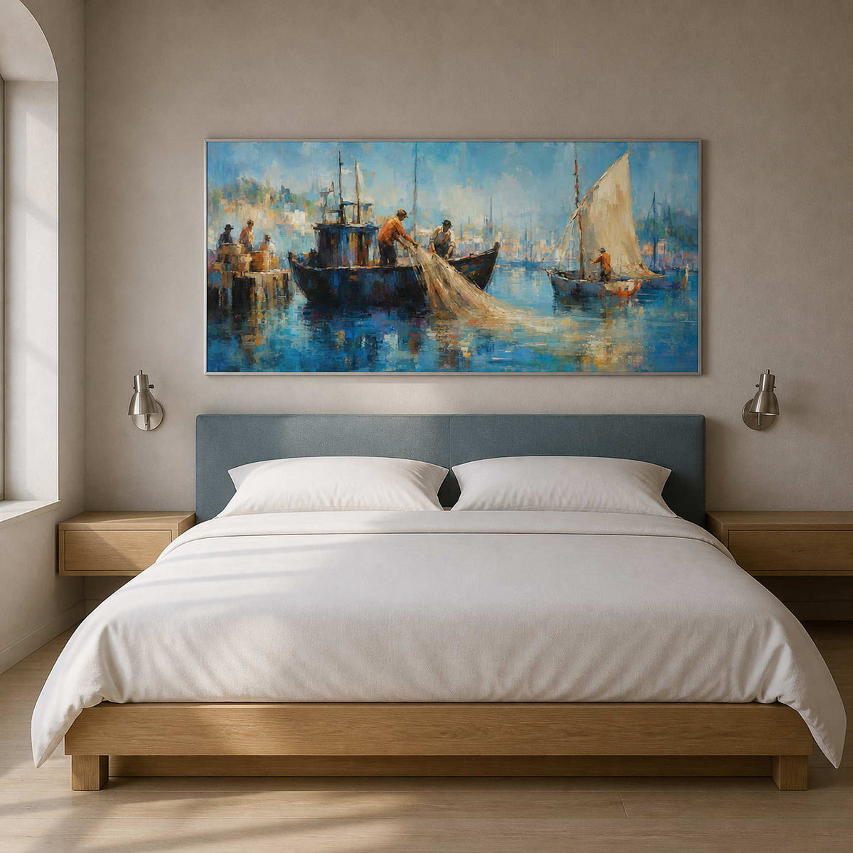 Quiet fishing harbor wall art styled above a calm bedroom.