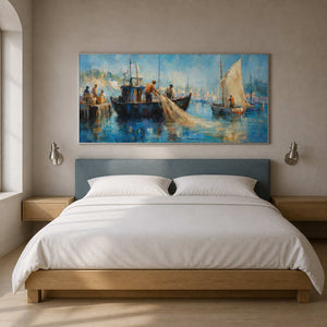 Quiet fishing harbor wall art styled above a calm bedroom.