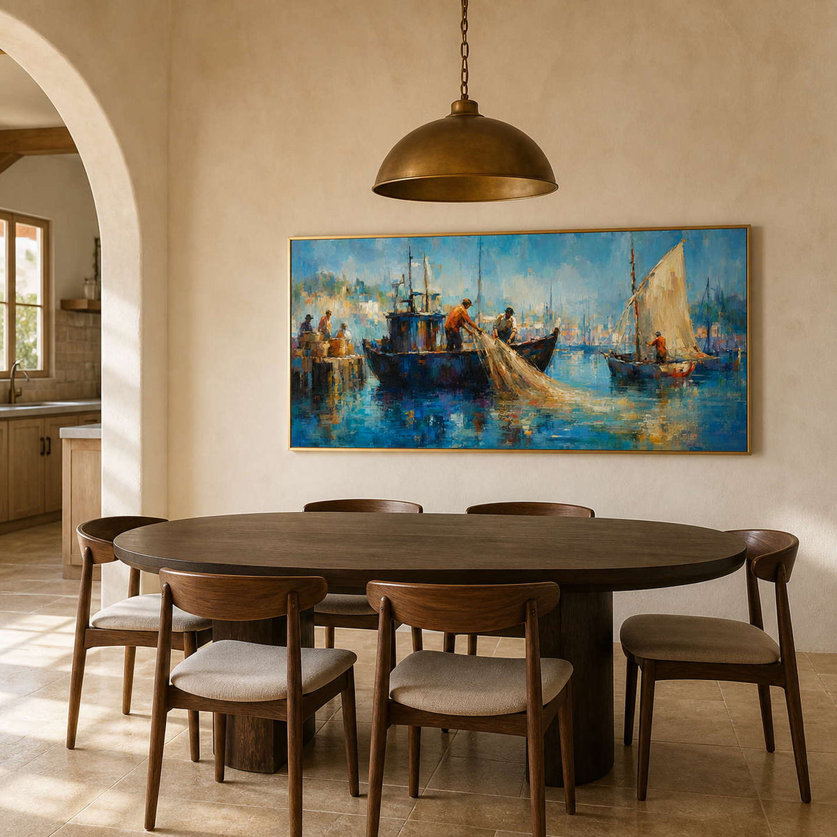 Panoramic harbor painting displayed in a warm Mediterranean dining room.
