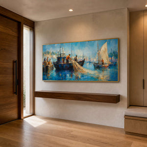 Panoramic harbor scene brings coastal light to a modern entryway.