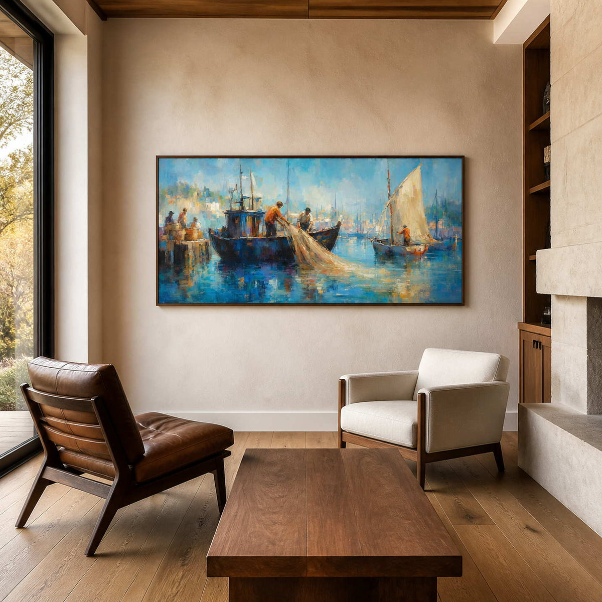 Textured coastal painting displayed in a warm wood family lounge.