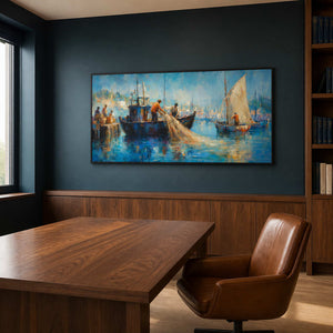 Blue coastal artwork adds depth to a walnut home office.