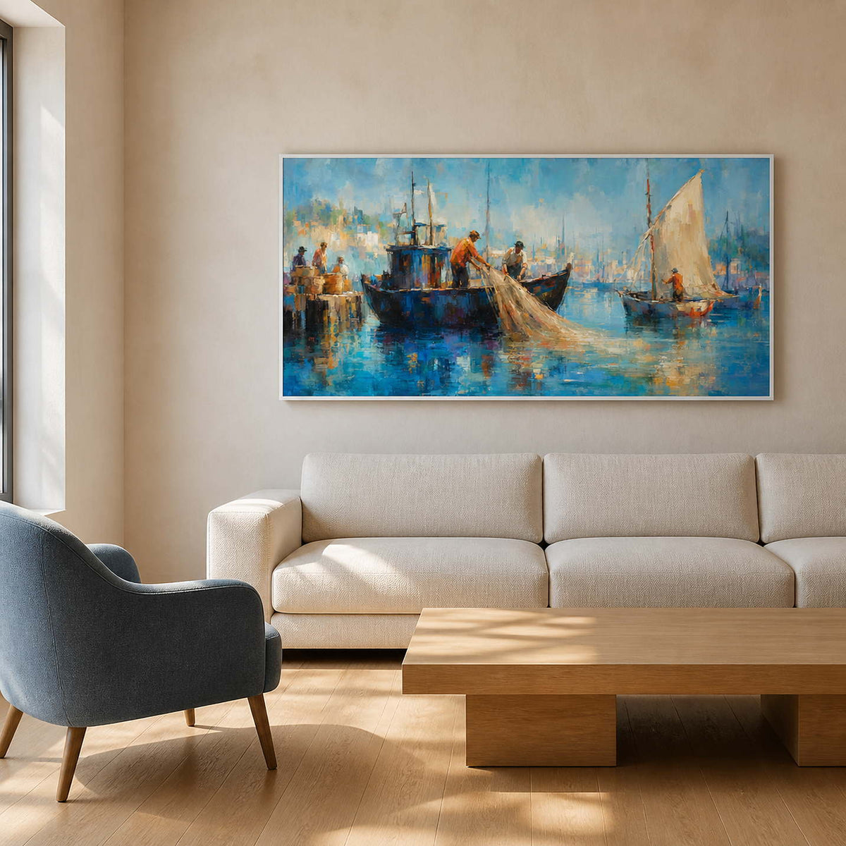Textured coastal wall art brightens a serene modern living room.