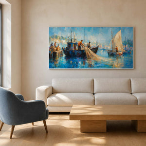 Textured coastal wall art brightens a serene modern living room.