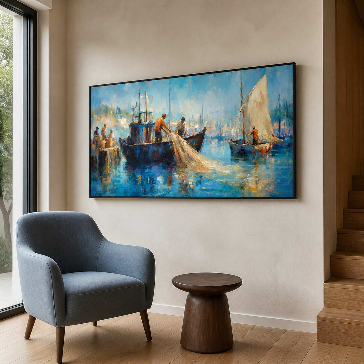 Blue fishing harbor artwork viewed from a bright reading corner.