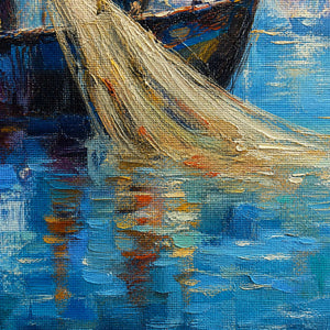 Close-up of canvas weave and layered paint across the fishing net.