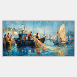 Hand-painted harbor scene with fishermen, sailboats, and luminous blue water.