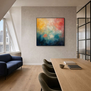 Atmospheric abstract canvas displayed in an Amsterdam creative partner office.
