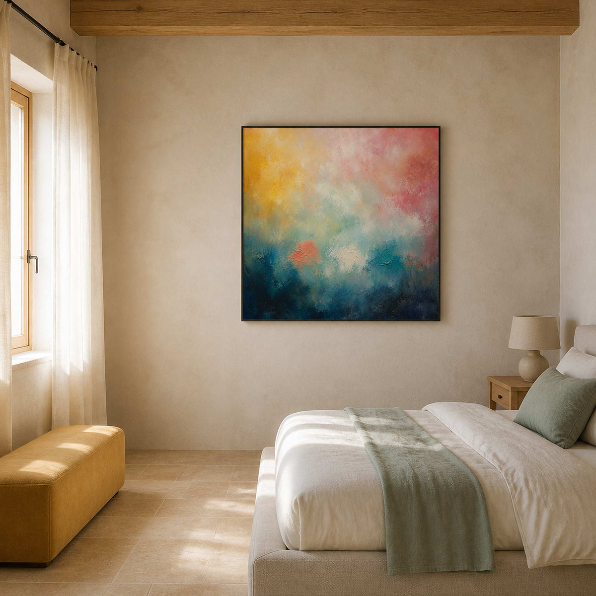Soft abstract wall art styled above a Provence guest bedroom.