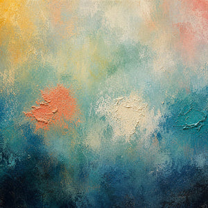 Close-up of layered aqua, coral, ivory, and deep blue texture.