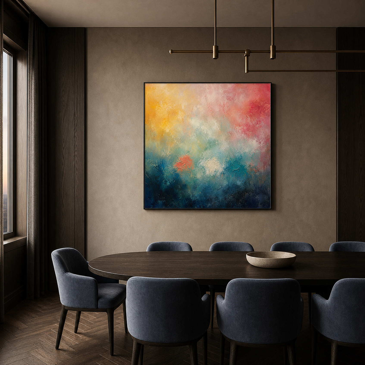 Blue and blush textured wall art in a New York dining room.