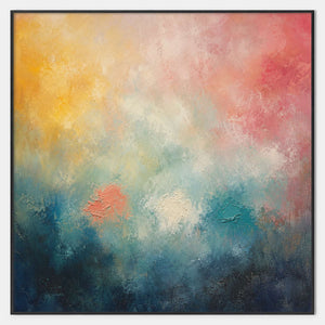 Hand-painted abstract canvas in saffron, blush, aqua, and deep blue.